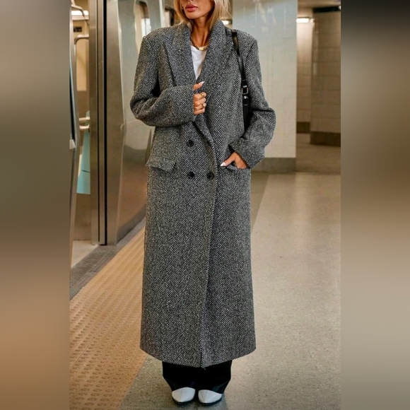 New Chic Oversized Herringbone Tweed Long Maxi Jacket Coat Gray - Picture 6 of 11